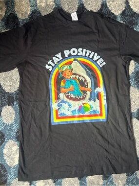 Stay Positive! Graphic Tee with Shark and Rainbow, small